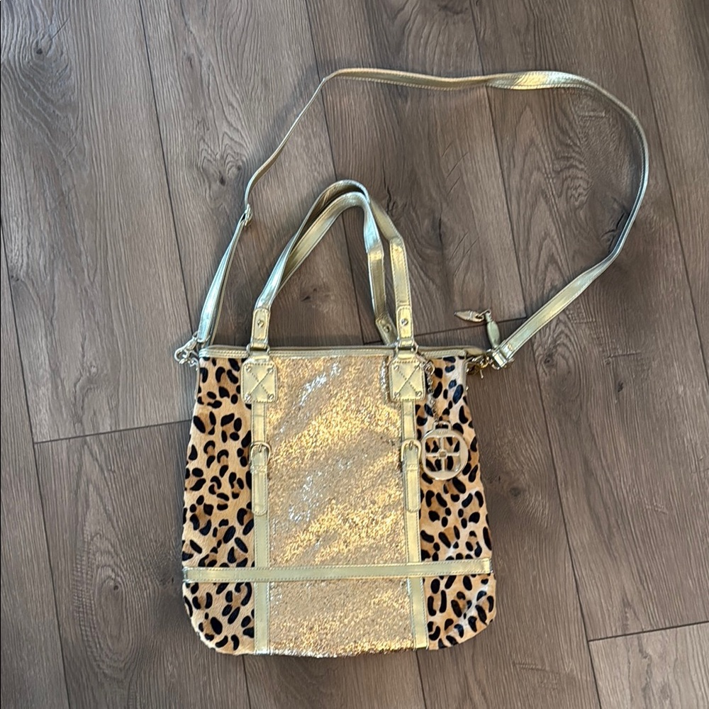 IMAN Calf Hair Shoulder Bag with Leopard Print EUC